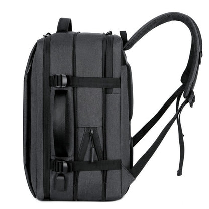Business Backpack Casual Laptop Bag grey design. Side view with expansion straps and USP charging port. Back shoulder straps displayed