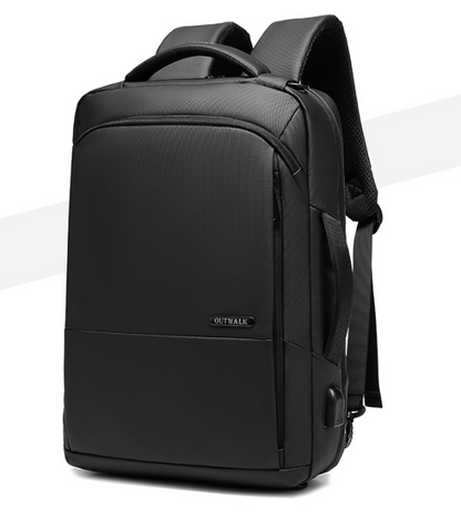 Outwalk backpack side view with display of USB charging port. All handles and rear straps are displayed
