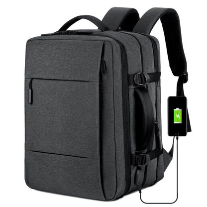 Business Backpack Casual Laptop Bag front side view. View of USB charging port. View of carrying handles. View of backpack compartments